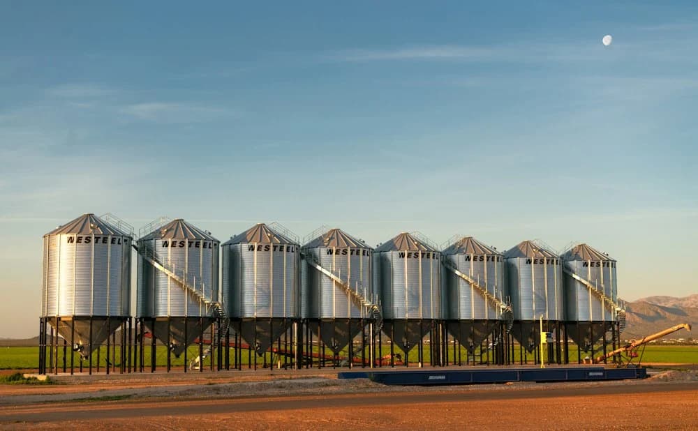 A row of steel grain silos